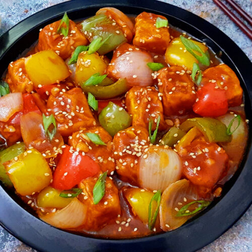 Paneer Sizzler Recipe In Chilli Garlic Sauce With Rice
