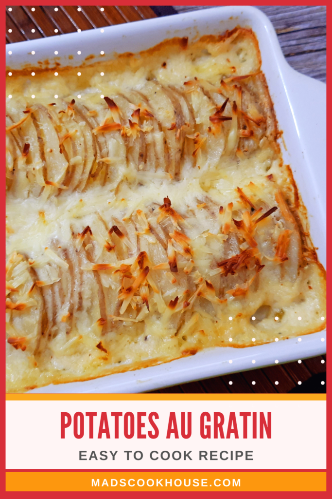 Thinly sliced potatoes in a cheesy Bechamel sauce baked to crispy perfection. Potatoes Au Gratin is a classic French recipe that works great as a side or a mid-week meal.